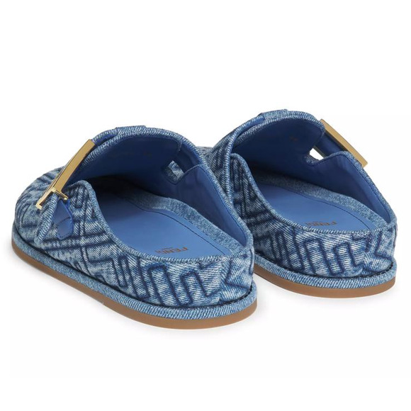 Fendi Feel Cotton Blue Denim FF Logo Gold Slip On Slide Clogs Mules Flats 40 - Picture 15 of 16